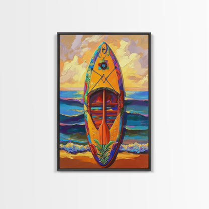 Yellow Surfboard Art, Vibrant Paddle Print, Colorful Beach Decor, Coastal Ocean Wall, Framed Canvas Print, Bathroom Wall Art, tropical art