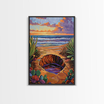 Desert Coast, Sunset Beach, Nature Hole, Surreal Art, Framed Canvas Print, Bedroom Wall Art, trippy boho decor, colorful landscape