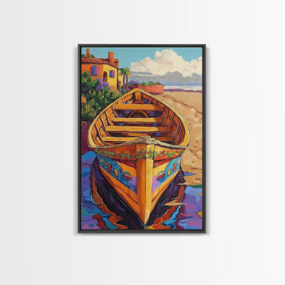 Painted Boat, Coastal Home, Nautical Style, Vibrant Beach Scene, Seaside Decor, Bathroom Wall Art, Canvas Print, Summer Vibes Art