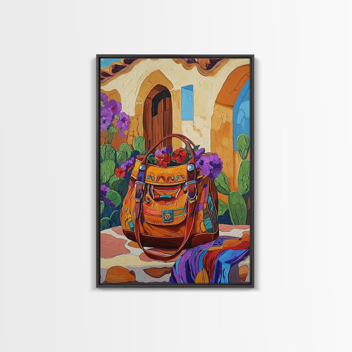 Saddle Bag, Desert Flowers, Southwest Style, Rustic Charm, Mexican Market Vibe, Entryway Wall Art, Framed Canvas Print, Colorful Boho Art