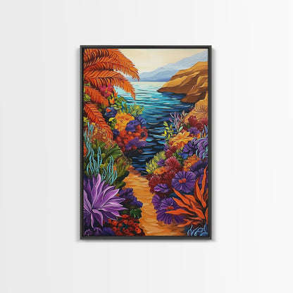 Hidden Cove, Ocean Trail, Botanical Beauty, Colorful Path, Framed Canvas Print, tropical jungle painting, hallway wall art, boho art