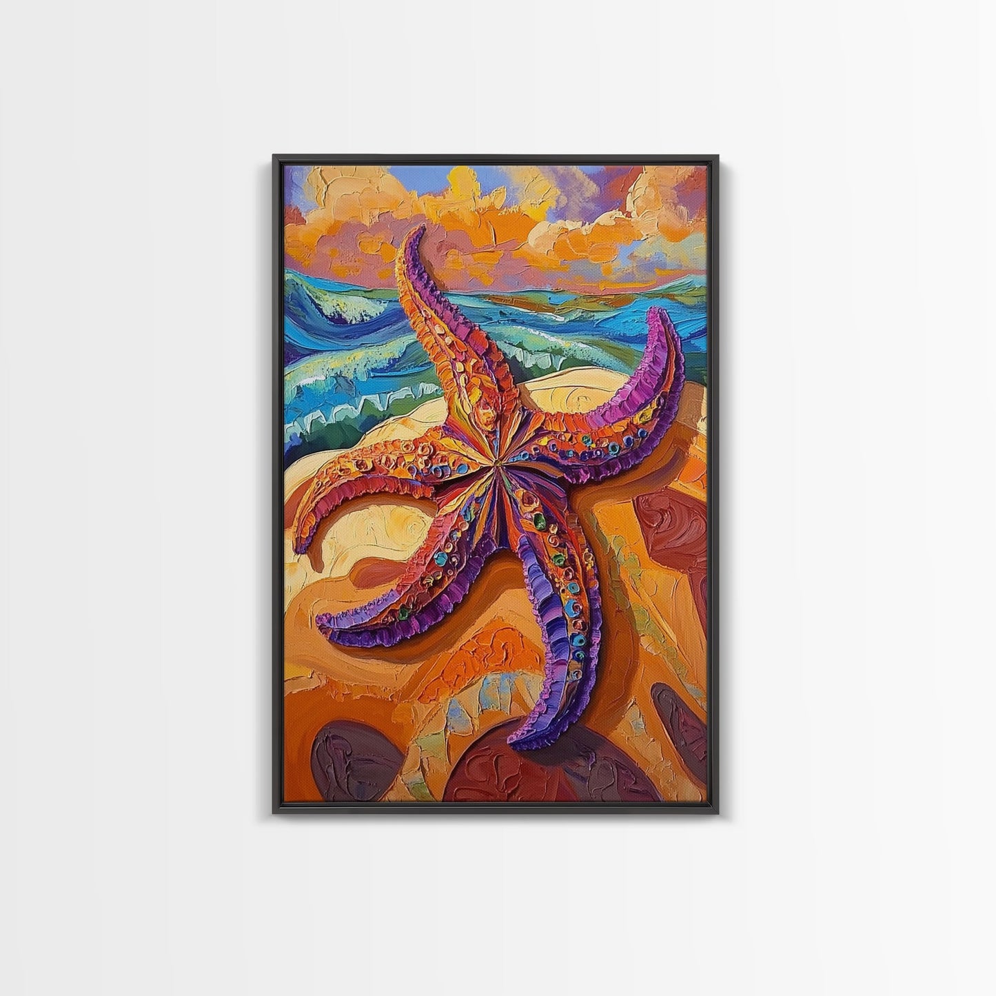 Starfish Closeup, Vibrant Shore, Ocean Texture, Coastal Beauty, Framed Canvas Print, Bathroom Wall Art, Beach House Decor, Seaside Boho Art