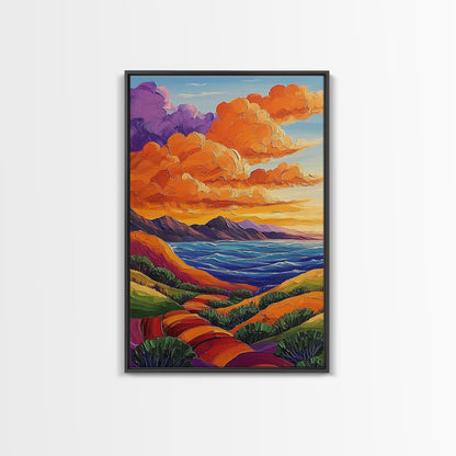 Coastal Hills, Sunset Path, Ocean View, Fiery Sky — Framed Canvas Print Autumn landscape painting, colorful kitchen wall art, boho decor