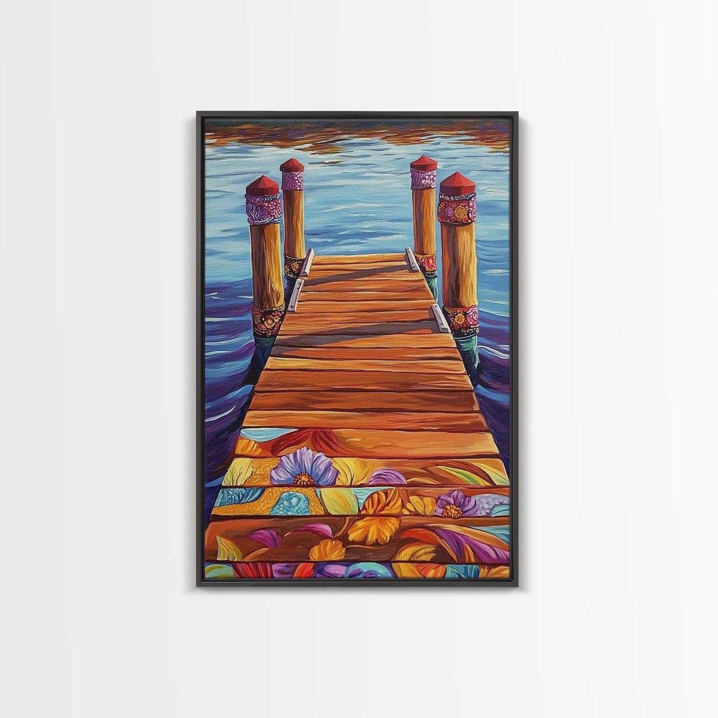 Painted Dock Scene, Vibrant Water Art, Lake House Decor, Canvas Print, Boho Coastal Wall Art, Summer Vibes, Nature Inspired