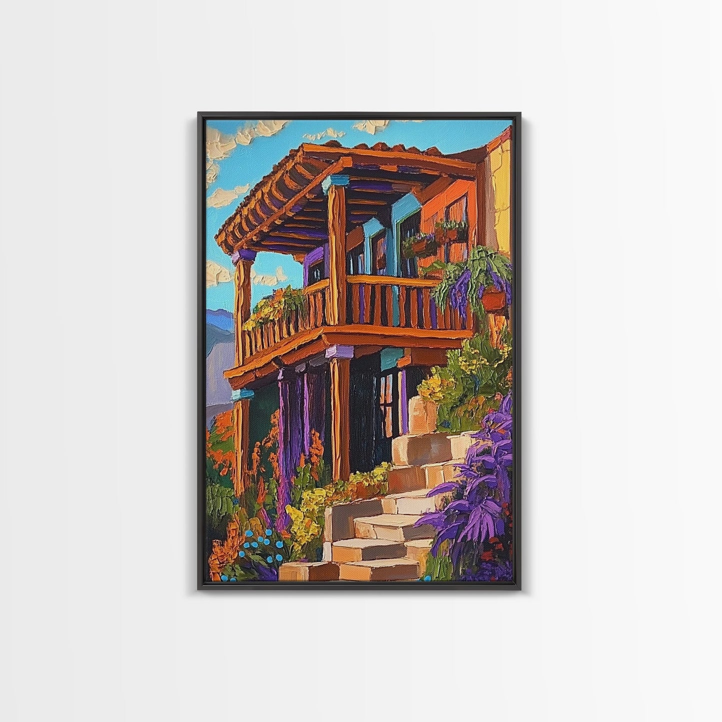 Rustic Balcony View, Desert Garden Colors, Southwest Home Art, Framed Canvas Print, Living Room Wall Art, Boho Summer Decor