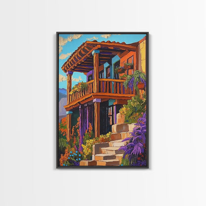 Rustic Balcony View, Desert Garden Colors, Southwest Home Art, Framed Canvas Print, Living Room Wall Art, Boho Summer Decor