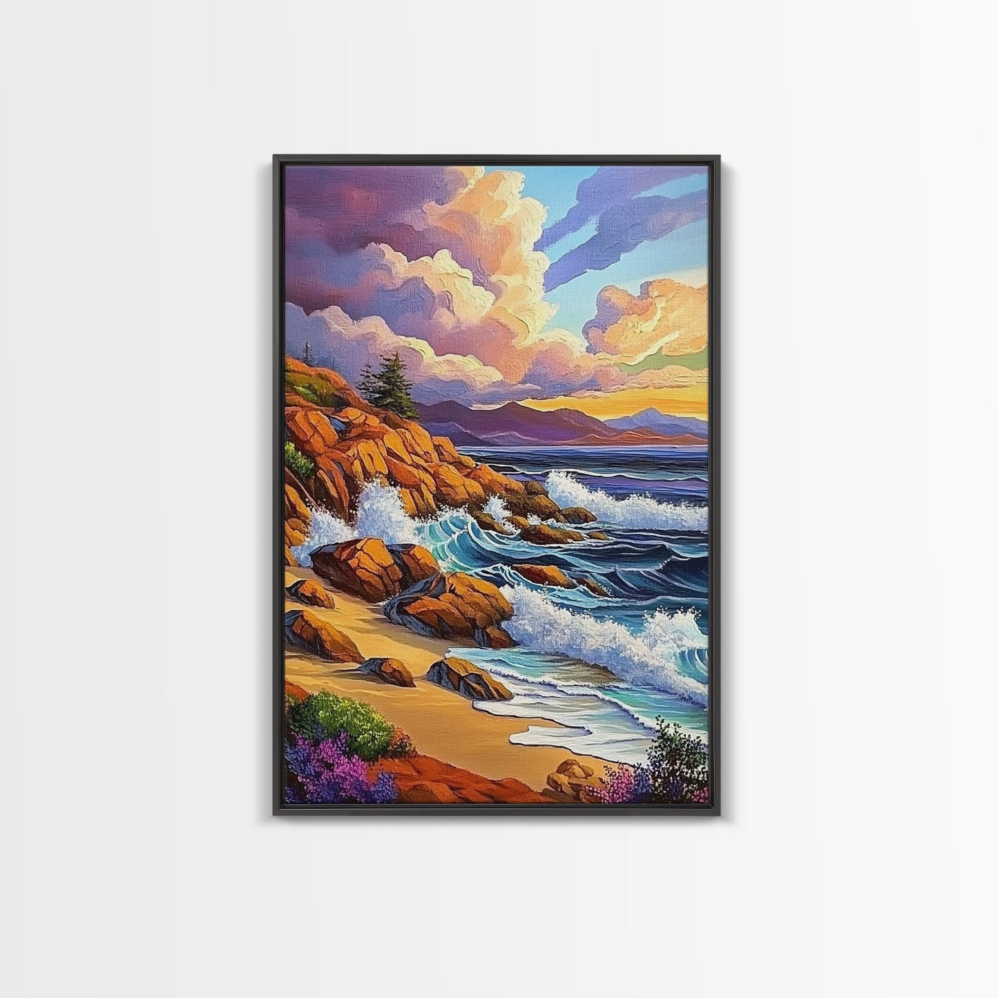 Rocky Beach Landscape, Dramatic Sky Scene, Coastal Ocean View, Canvas Print, Fall Nature Decor, Living Room Wall Art