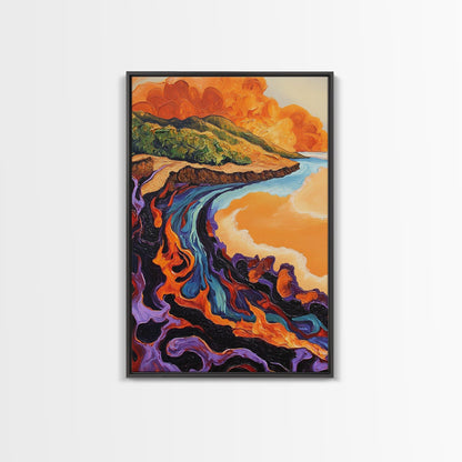 Lava Coastline, Molten Waves, Abstract Nature, Volcanic Scene, Framed Canvas Print, Fall Wall Art, Moody Decor, Earthy Abstract Art