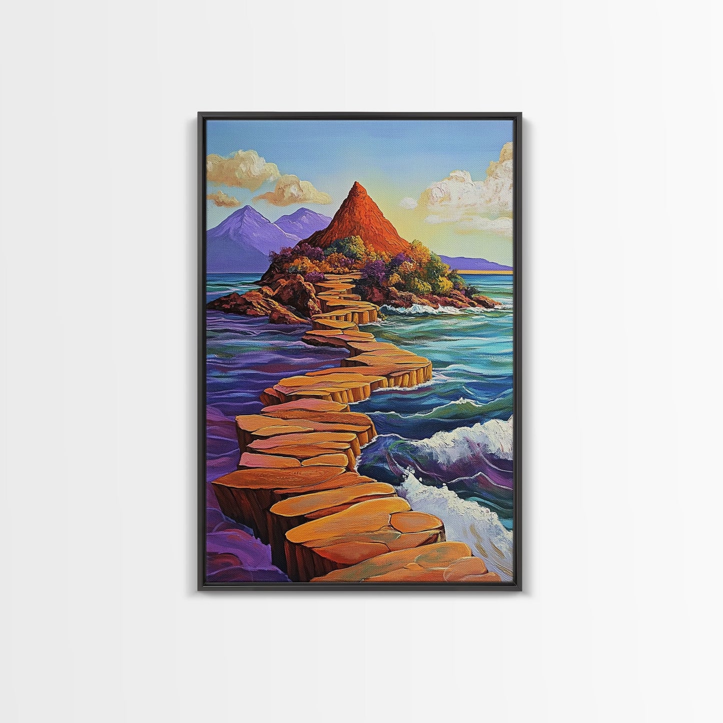 Island Pathway, Ocean Steps, Dreamy Seascape, Colorful Rocks, Framed Canvas Print, Hallway Wall Art, Coastal Home Decor, Zen Art