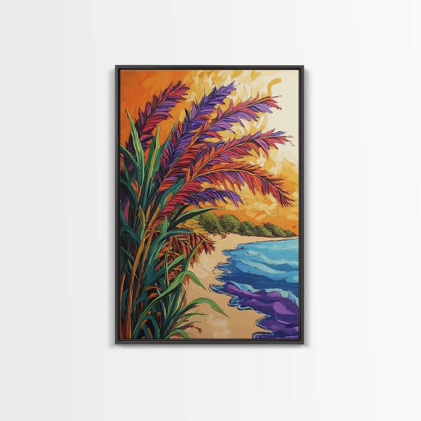 Vibrant Beach Grass, Sunset Ocean View, Coastal Wall Decor, Tropical Vibes, Framed Canvas Print, Summer Living Room Wall Art