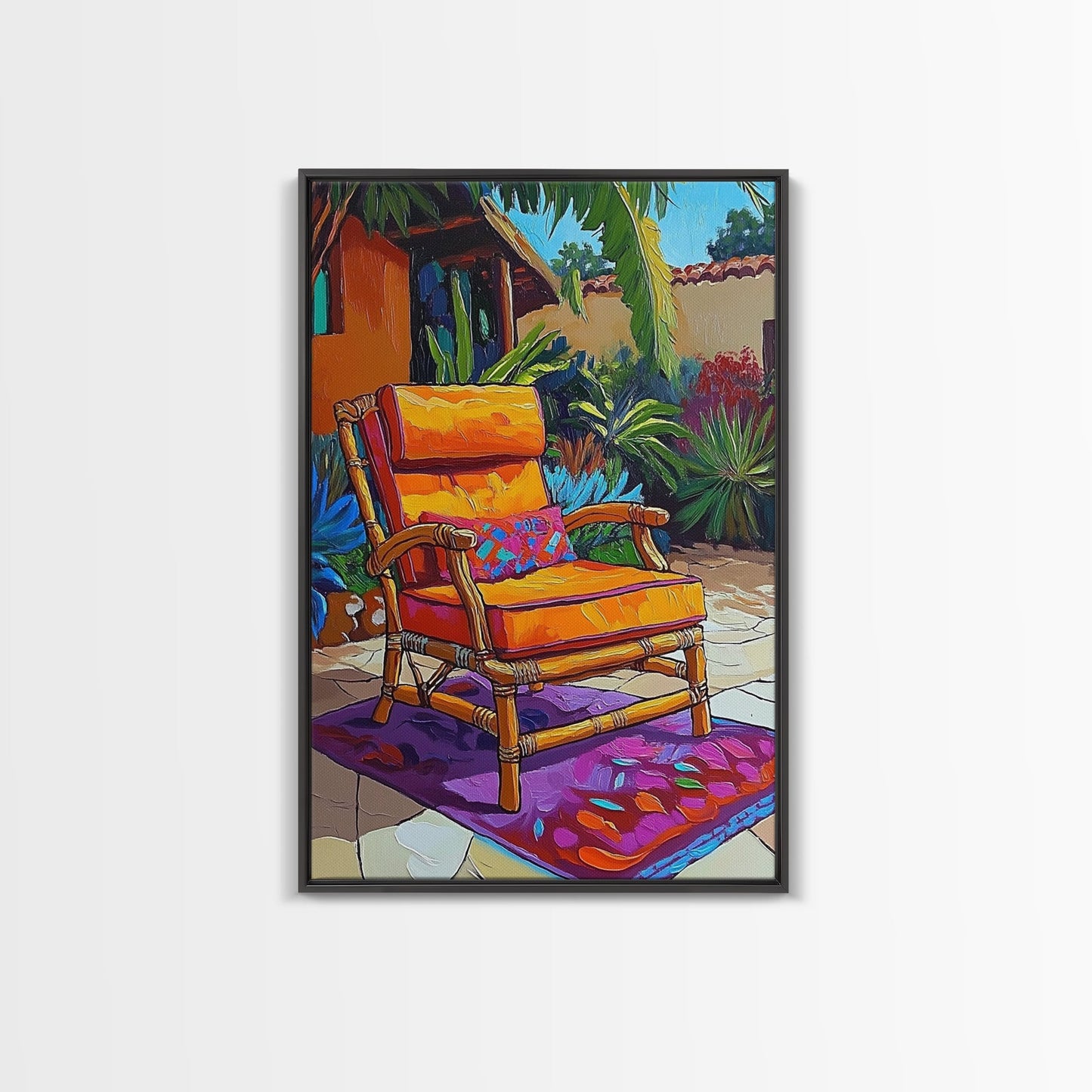 Chair Patio Palm, Tropical, Framed Canvas Print tropical garden wall art, colorful patio vibes, summer decor, boho sunroom wall art