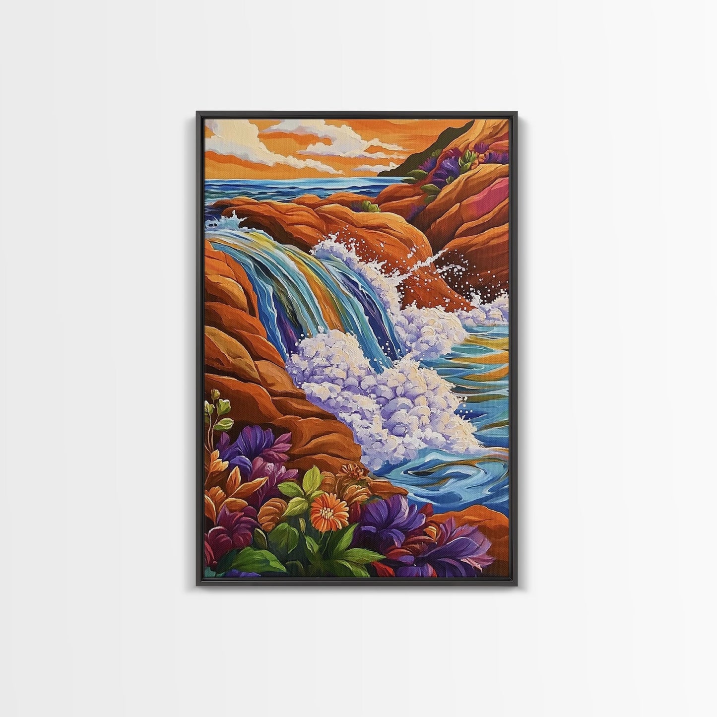 Coastal Waterfall, Ocean Rocks, Tropical Seascape, Sunset Art, Framed Canvas Print bathroom decor, beach lovers gift, colorful nature art