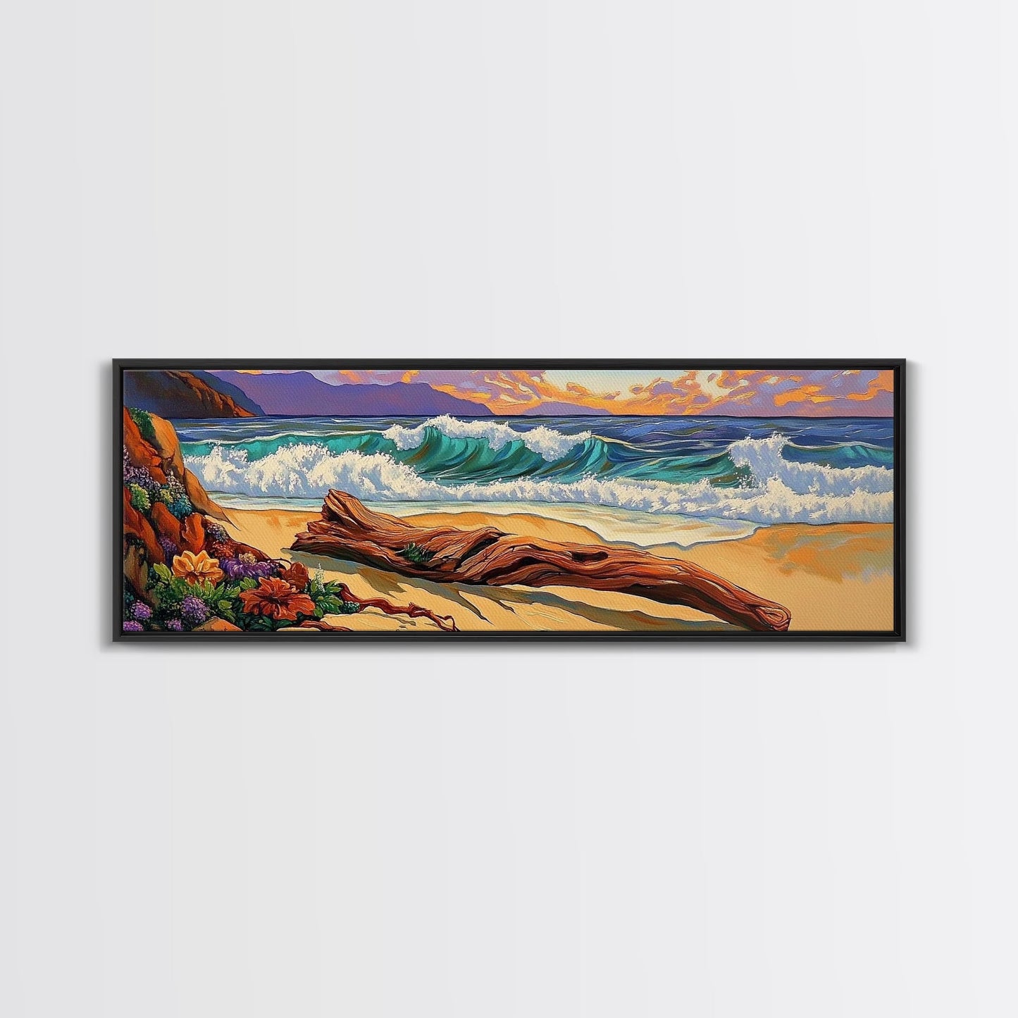 Ocean Shore Driftwood, Seaside Flower Art, Nature Landscape, Framed Canvas Print, Coastal Living Room or Beach House Wall Art