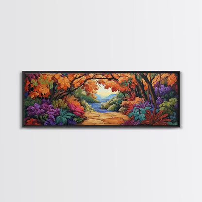 Autumn Archway, Colorful Path, Forest Lake, Vibrant Trees, Framed Canvas Print, Entryway Wall Art, Fall Nature Scene, Boho Art