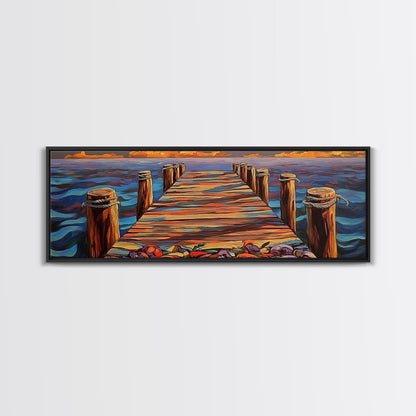Wooden Dock Sunset, Ocean Pier Painting, Tranquil Seascape Decor, Nautical Beach House Style, Framed Canvas Print