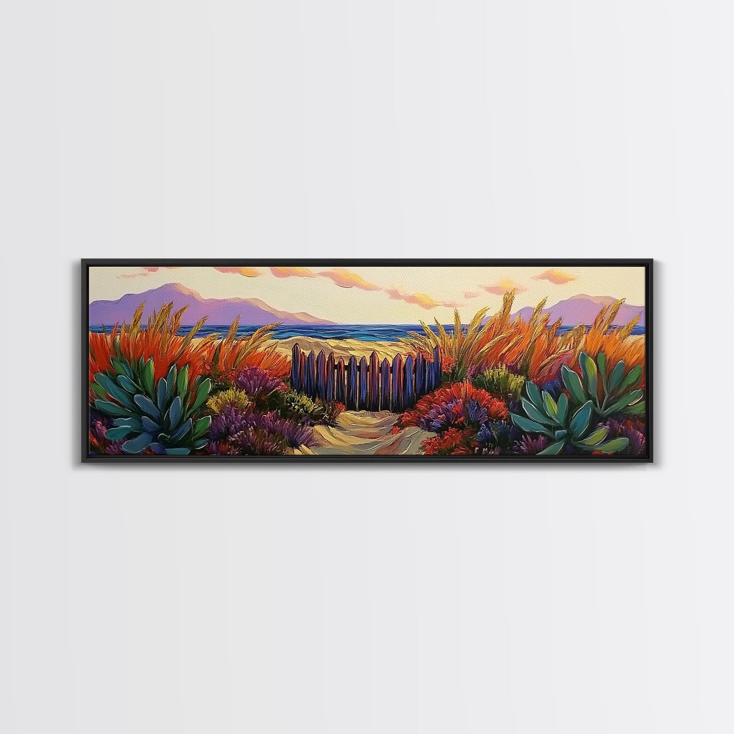Beach Fence, Sunset Shore, Autumn Grass, Serene Dunes, Framed Canvas Print, Boho Coastal Art, Bedroom Tranquil Wall Decor