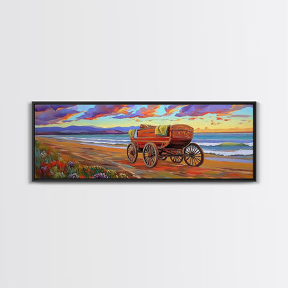 Wagon Beach, Country Ocean, Sunset Retreat, Rustic Cart, Framed Canvas Print, Farmhouse Coastal Art, Entryway Western Decor