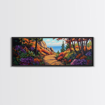 Coastal Forest Walk, Vibrant Landscape Painting, Ocean View Trail, Autumn Decor, Framed Canvas Print, Hallway Wall Art