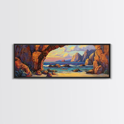 Coastal Archway View, Rocky Beach Sunset, Ocean Serenity, Framed Canvas Print, Nautical Living Room Art, Seaside Escape Scene