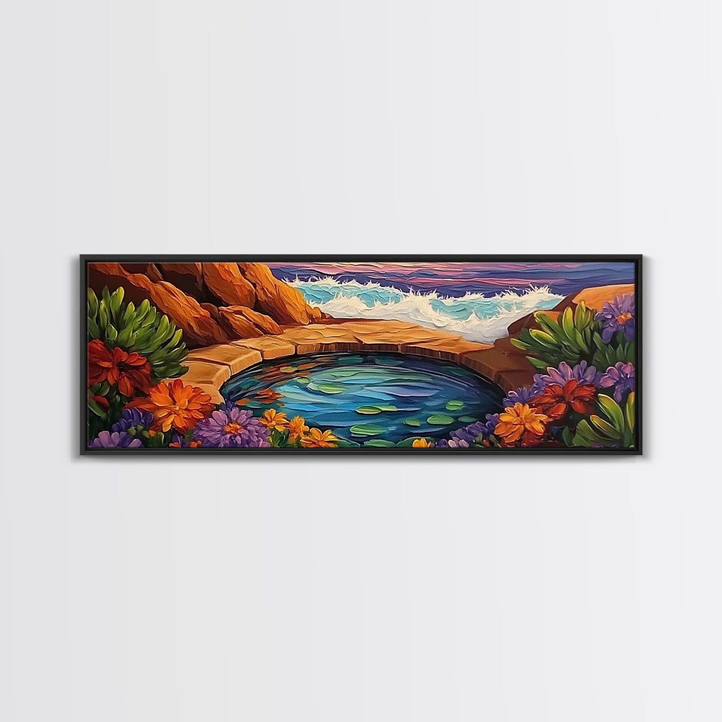 Garden Oasis, Coastal Pool, Tropical Bloom, Framed Canvas Print, Bathroom Wall Art, Vibrant Nature Decor, Colorful Landscape Art