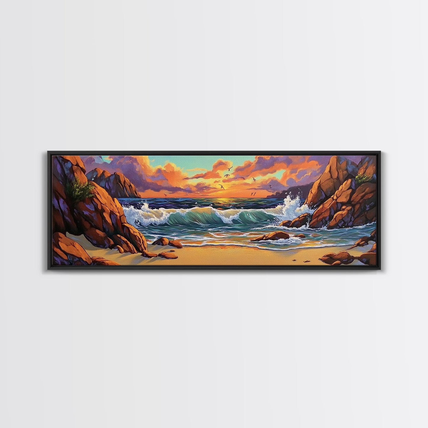 Sunset Beach Waves, Dramatic Ocean, Bold Skies, Framed Canvas Print, Entryway Wall Art, Nature Escape, Colorful Beach Scene