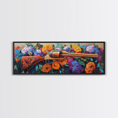 Golden Revolver Art, Floral Gun Painting, Western Floral Wall, Cowboy Chic Style, Framed Canvas Print, Man Cave Southwestern Decor