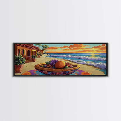 Sunset Beach, Ocean Fruit Bowl, Coastal Vibes, Framed Canvas Print, Tropical Kitchen Wall Art, Colorful Seaside Home Decor