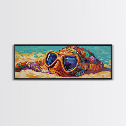 Snorkel Mask, Beach Fun, Vibrant Waves, Framed Canvas Print, Coastal Bathroom Wall Art, Bright Tropical Decor, Playful Ocean Art