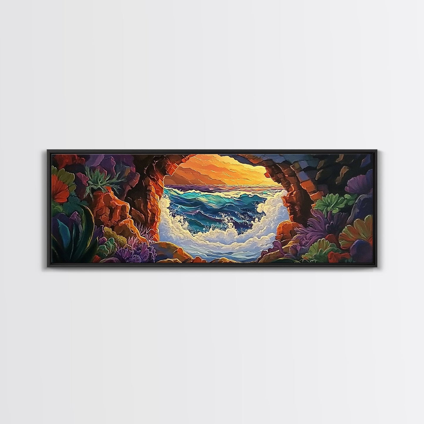 Ocean Cave View, Sunset Waves, Coastal Decor, Tropical Art, Framed Canvas Print, Beach House Wall Art, Vibrant Seascape, Boho Style