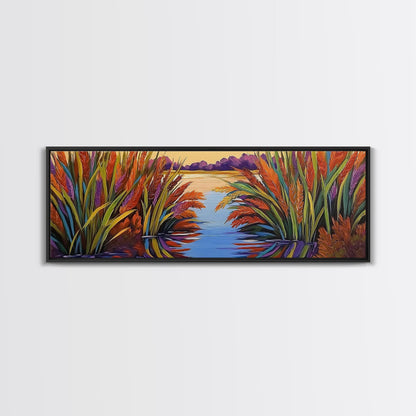 Sunset Reeds, Colorful Marsh, Reflected Peace, Framed Canvas Print, Autumn Wall Art, Living Room Decor, Vibrant Nature Landscape