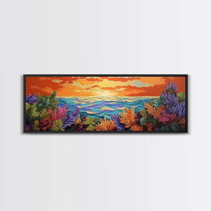 Sunset Ocean, Sea Plants, Tropical Sunset, Bold Colors, Framed Canvas Print, Bathroom Wall Art, Boho Vibes, Coastal Decor