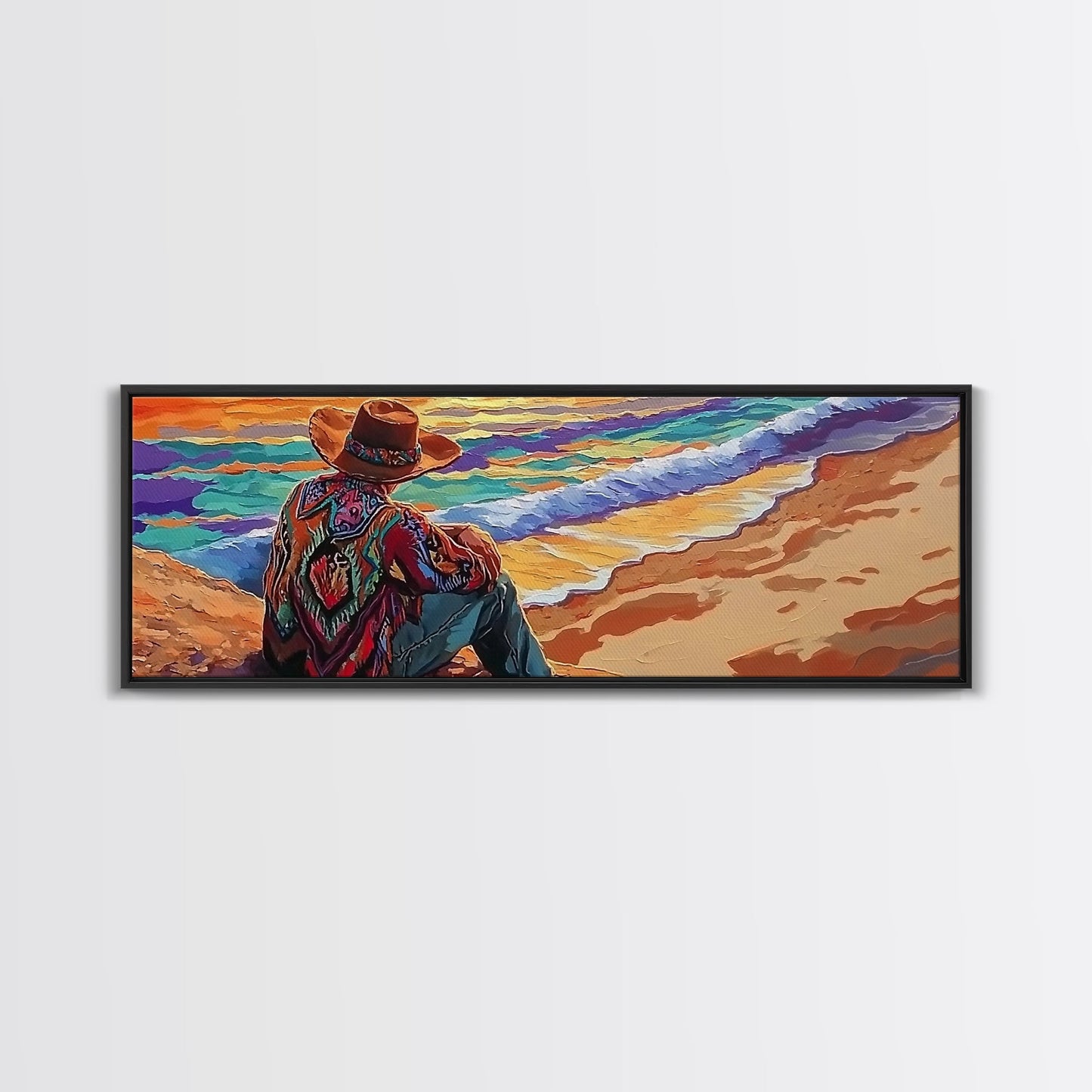 Coastal Cowboy, Ocean View, Serene Sunset, Western Art, Canvas Print, Living Room Wall Art, Southwestern Vibes, Beach Cowboy Scene