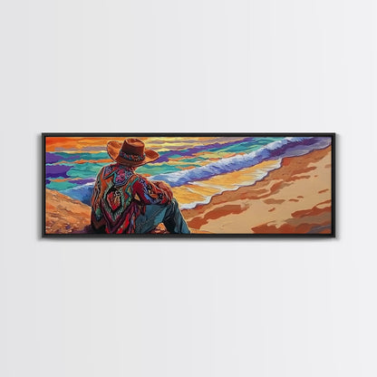 Coastal Cowboy, Ocean View, Serene Sunset, Western Art, Canvas Print, Living Room Wall Art, Southwestern Vibes, Beach Cowboy Scene