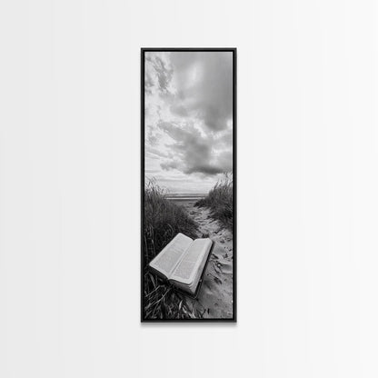 Bible on Beach, Spiritual Escape, Coastal Tranquility, Nature Meditation, Canvas Print, Faith Wall Art, Office Decor, Minimalist Art