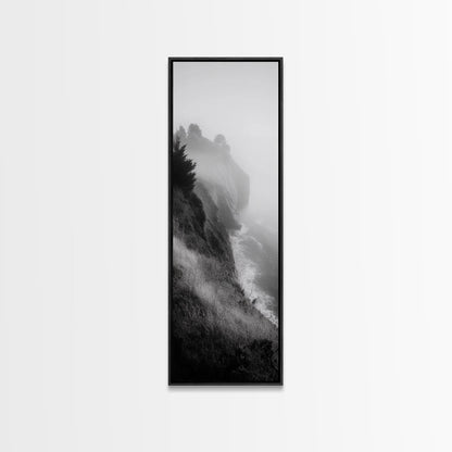 Cliffside Fog, Coastal Mist, Ocean Overlook, Framed Canvas Print, Living Room Wall Art, Monochrome Decor, Moody Landscape, Minimalist Home