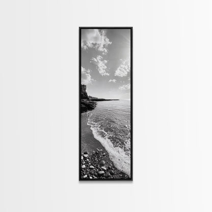 Coastal Shoreline, Pebble Beach, Ocean Breeze, Canvas Print, Bathroom Wall Art, Minimalist Decor, Black White Photography, Seaside Vibe
