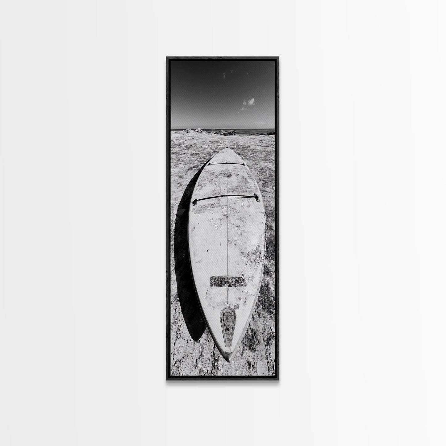 Surfboard On Shore, Beach Lifestyle Decor, Minimal Seascape, Framed Canvas Print, Nautical Bathroom Wall Art, Modern Coastal Vibe