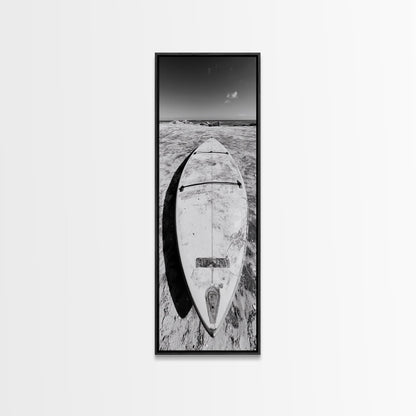 Surfboard On Shore, Beach Lifestyle Decor, Minimal Seascape, Framed Canvas Print, Nautical Bathroom Wall Art, Modern Coastal Vibe