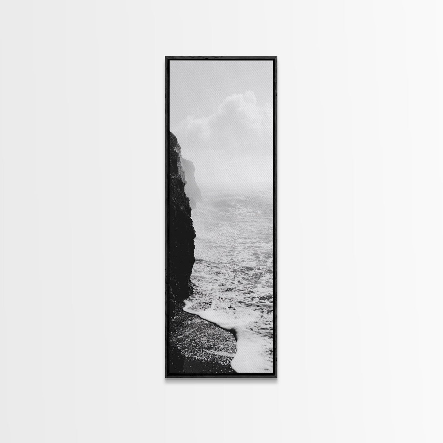 Coastal Cliff, Ocean Waves, Monochrome Seascape, Framed Canvas Print, Minimalist Ocean Art, Bathroom Decor, Nautical Wall Art