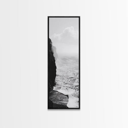 Coastal Cliff, Ocean Waves, Monochrome Seascape, Framed Canvas Print, Minimalist Ocean Art, Bathroom Decor, Nautical Wall Art