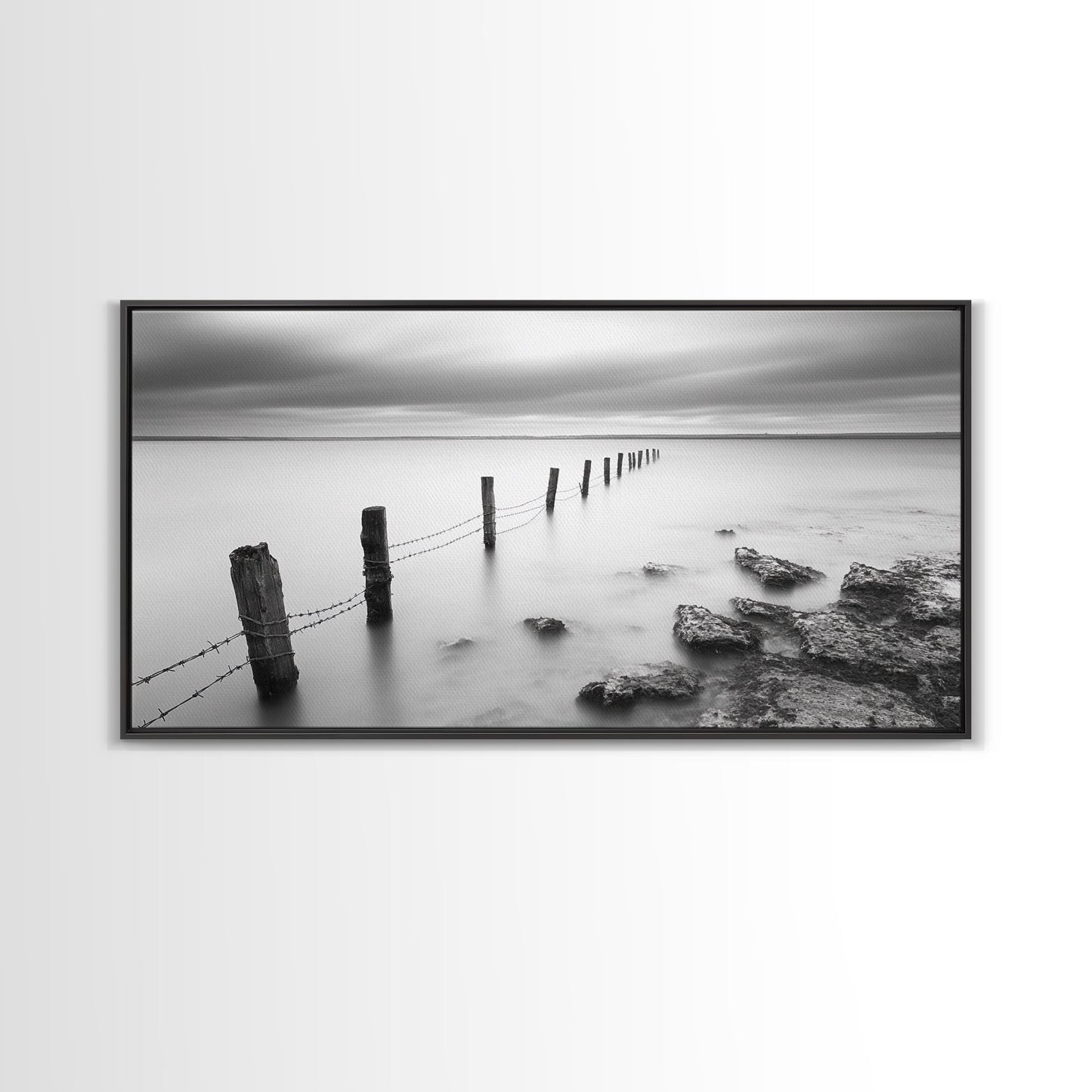 Coastal Fence Line, Tranquil Ocean Scene, Soft Minimalist Photo, Framed Canvas Print, Bathroom or Hallway Wall Art, Zen Vibes