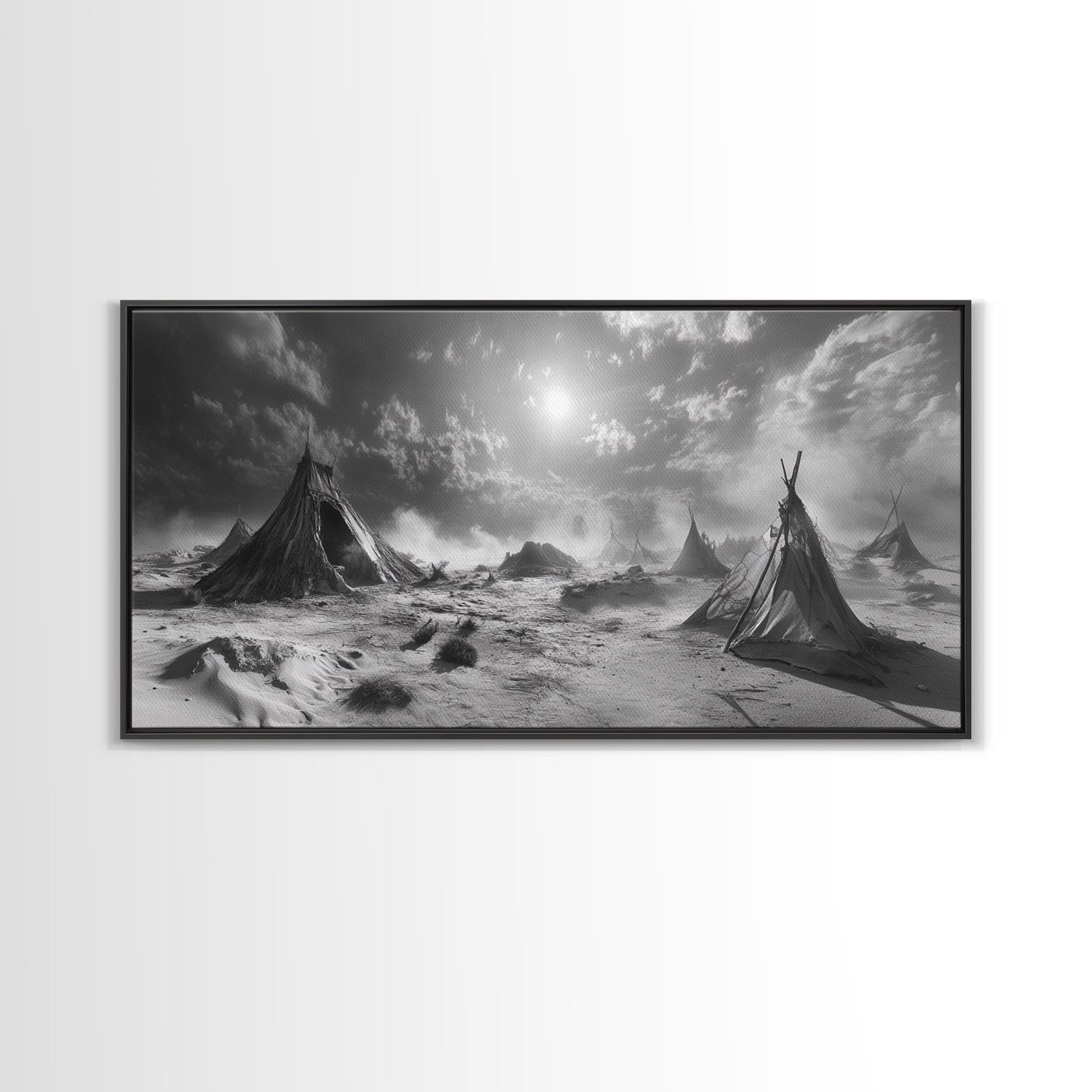 Wüstenzeltszene, surreale Stammeslandschaft, Zelte unter stürmischem Himmel, Leinwanddruck, Wandbild fürs Wohnzimmer, Boho-Nomaden-Ästhetik, Wandbild fürs Wohnzimmer
