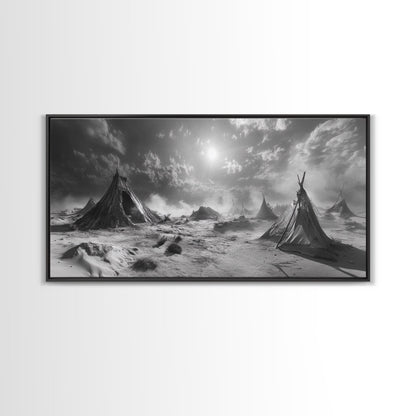 Wüstenzeltszene, surreale Stammeslandschaft, Zelte unter stürmischem Himmel, Leinwanddruck, Wandbild fürs Wohnzimmer, Boho-Nomaden-Ästhetik, Wandbild fürs Wohnzimmer