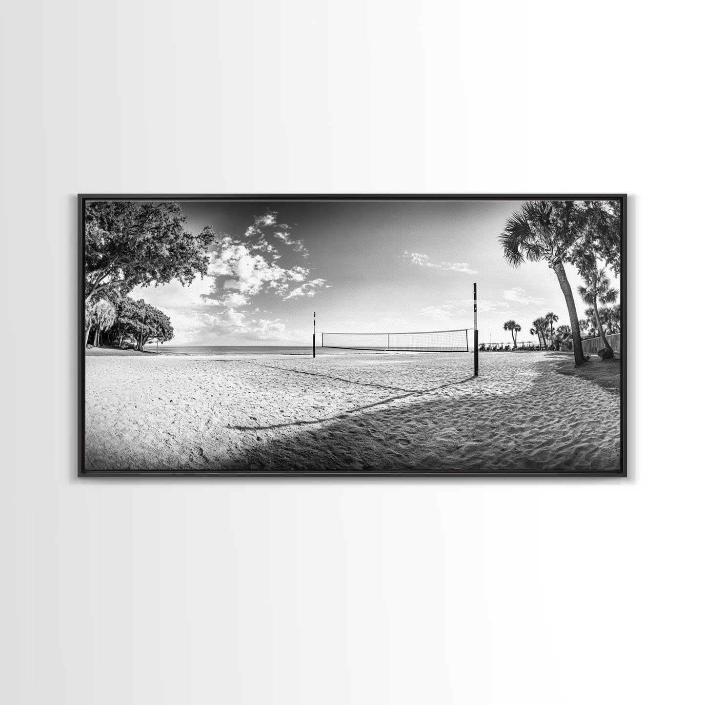 Volleyball Net, Coastal Leisure Scene, Bright Beach Vibe, Framed Canvas Print, Game Room Wall Art, Sporty Summer Beach Style
