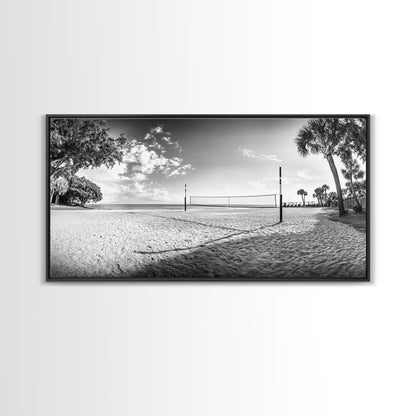 Volleyball Net, Coastal Leisure Scene, Bright Beach Vibe, Framed Canvas Print, Game Room Wall Art, Sporty Summer Beach Style