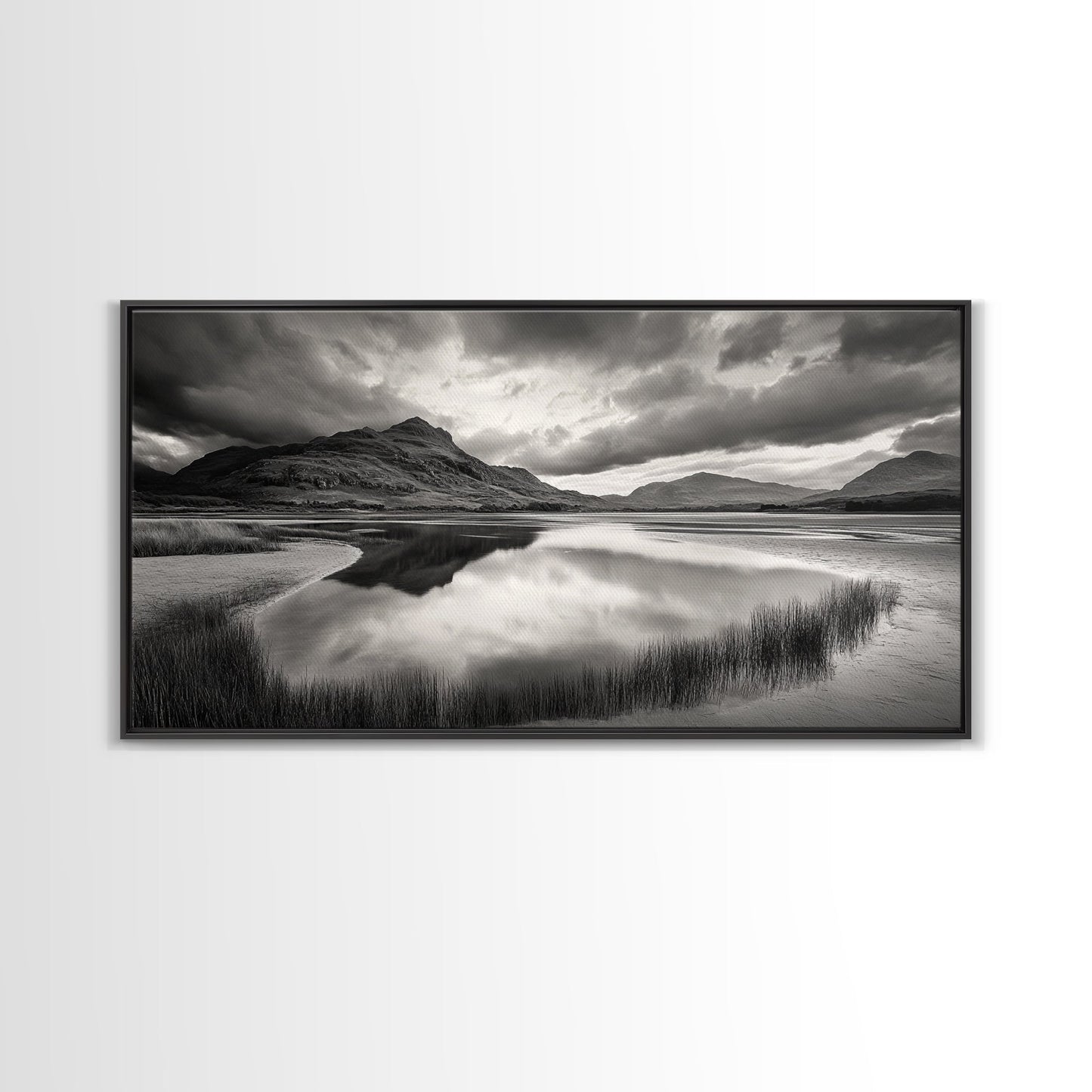 Reflected Mountains, Serene Shore, Cloudy Sky, Lake View, Canvas Print, Bedroom Wall Art, Minimalist Landscape Art, Tranquil Decor