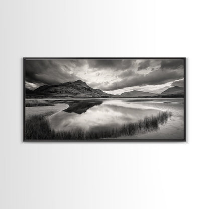 Reflected Mountains, Serene Shore, Cloudy Sky, Lake View, Canvas Print, Bedroom Wall Art, Minimalist Landscape Art, Tranquil Decor