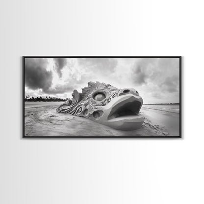 Dragon Head Sculpture, Beach Sand Art, Mythical Creature Decor, Fantasy Vibes, Framed Canvas Print, Game Room Wall Art, Office Wall Art