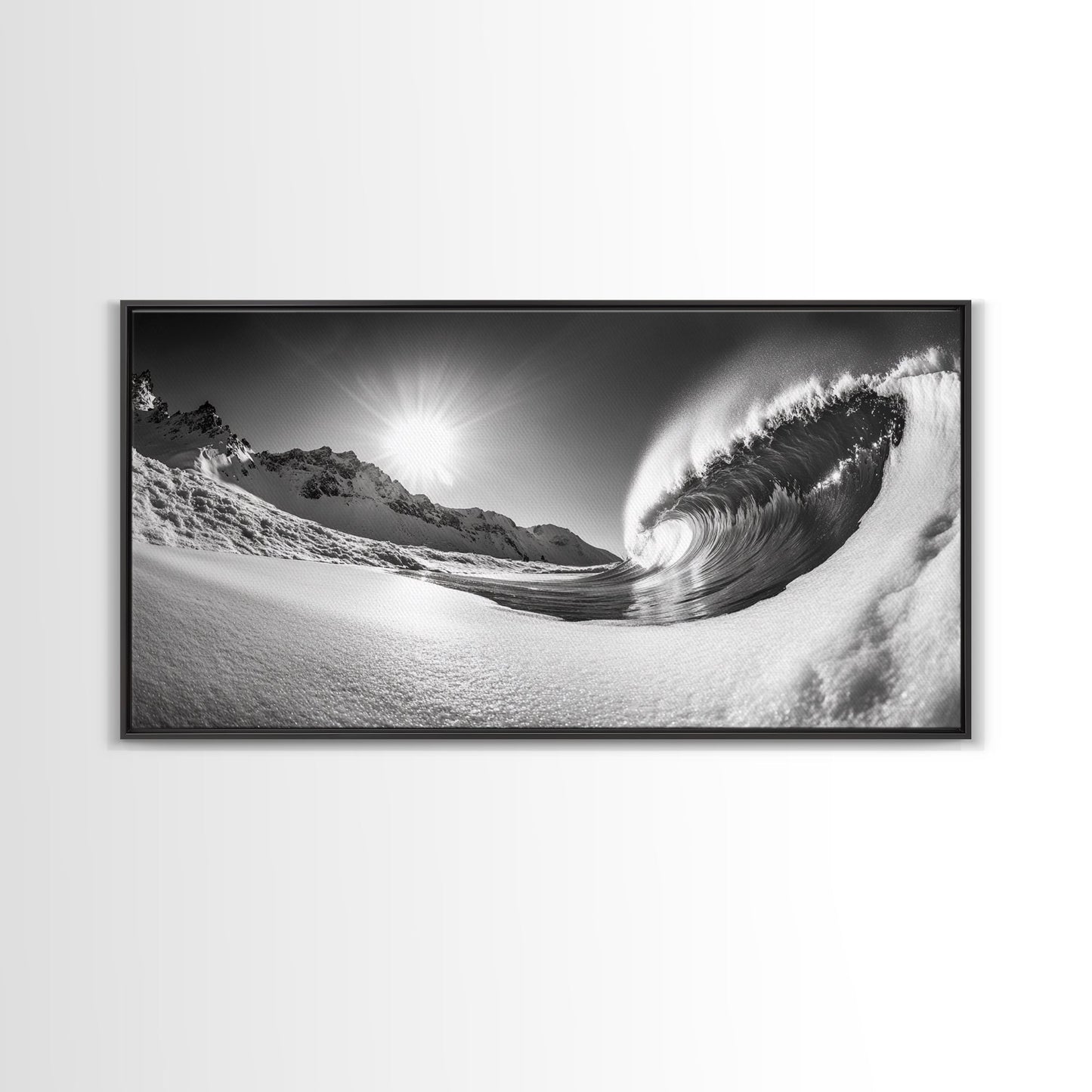 Arctic Wave Motion, Snowy Surf Curl, Mountain Sun Scene, Nature Energy Art, Canvas Print, Living Room Wall Art, Winter Adventure Decor