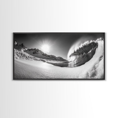 Arctic Wave Motion, Snowy Surf Curl, Mountain Sun Scene, Nature Energy Art, Canvas Print, Living Room Wall Art, Winter Adventure Decor